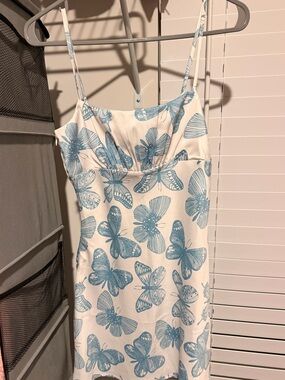 NWT! Blue Butterfly Print Spaghetti Silky Dress
